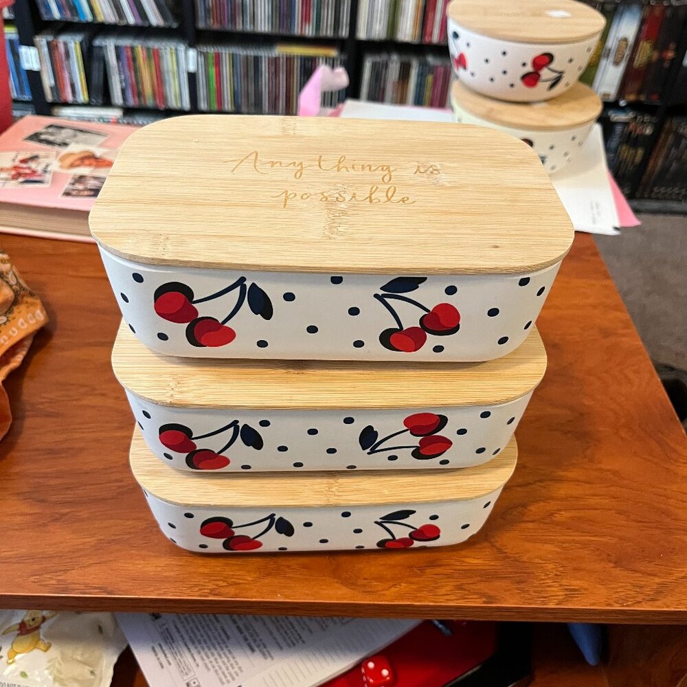 Kate Spade New York Vintage Cherry Dot Containers Set of FIVE Rectangle/Round